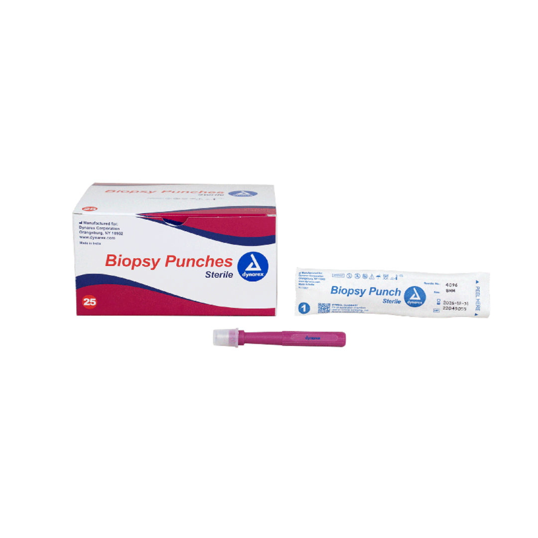 A box of Dynarex Sterile Biopsy Punches, a single-wrapped sterile punch, and an unwrapped pink punch tool are shown on a white background, representing key sterile medical instruments.